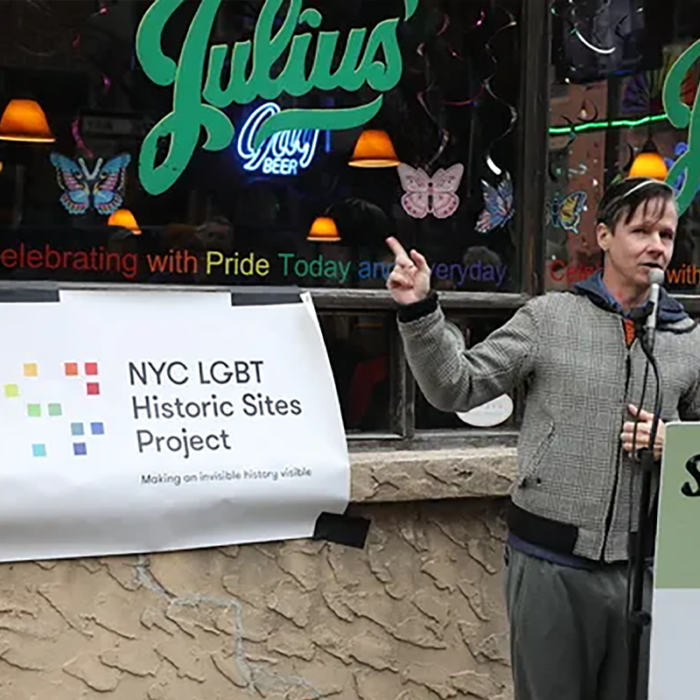 John Cameron Mitchell speaks to crowd at Julius' Bar plaque unveiling