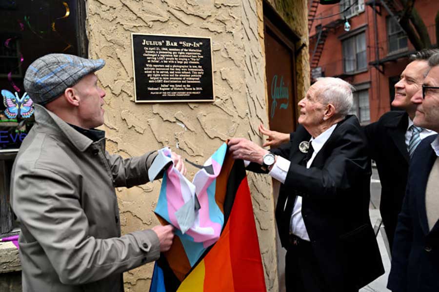 Andrew Berman, Randy Wicker, Ken Lustbader, and Brad Hoylman unveil Julius' plaque